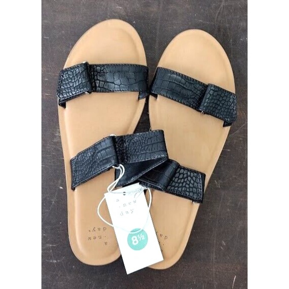 A New Day Women Black‎ Crocodile Embossed Double Strap Slide Sandals Size 8.5